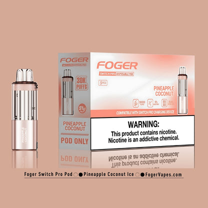 Foger Switch Pro Pineapple Coconut Ice Disposable Pod 5-Pack Box. Highlights 30,000 puffs per pod with a tropical pineapple coconut flavor and a menthol chill. Features elegant rose gold packaging, 5% nicotine strength, dual mesh coil technology for superior flavor, and compatibility with Switch Pro charging devices. Designed for efficient and flavorful vaping.