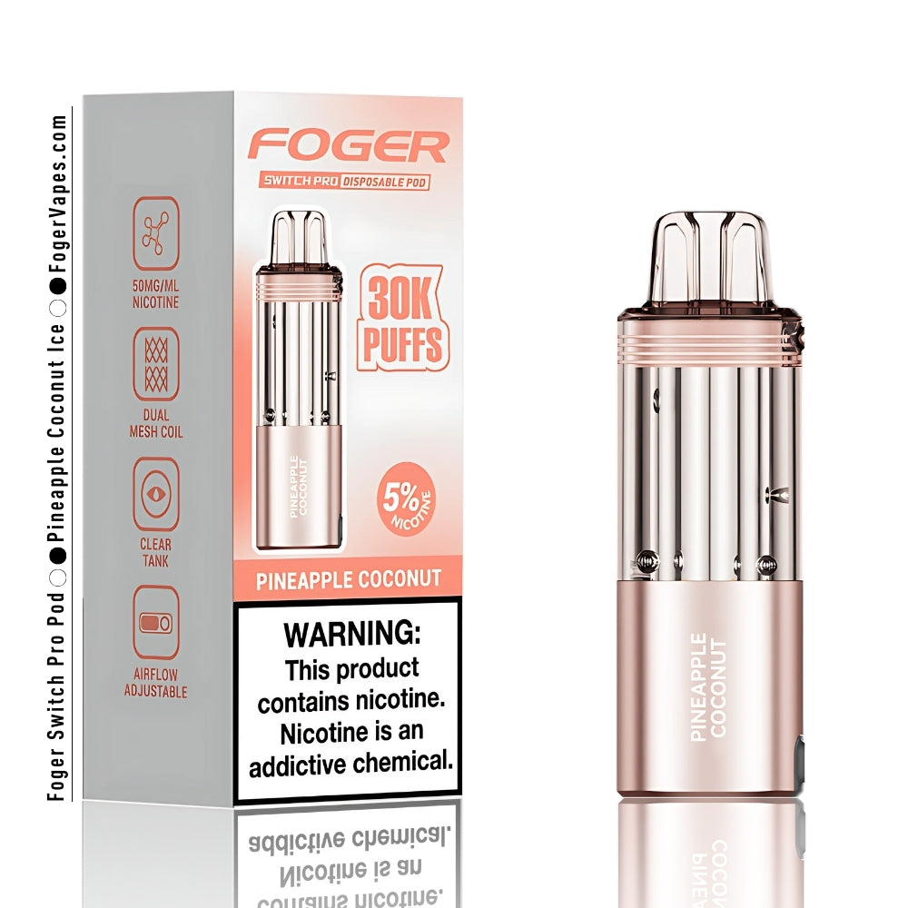 Foger Switch Pro Pineapple Coconut Ice Disposable Pod Box. Showcasing 30,000 puffs per pod with a tropical pineapple coconut flavor and icy finish. Features a sleek metallic rose gold design, 5% nicotine strength, dual mesh coil technology, clear tank for liquid visibility, and adjustable airflow for a personalized vaping experience. Designed for ultimate convenience and flavor enhancement.