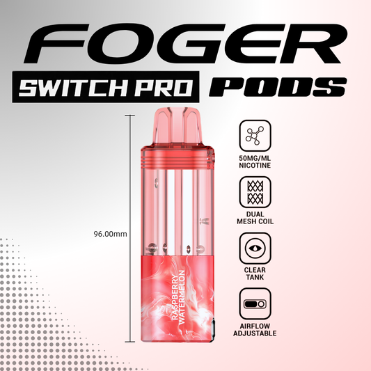 Foger Switch Pro Pod Raspberry Watermelon 30K puffs disposable vape with 50mg nicotine and dual mesh coil