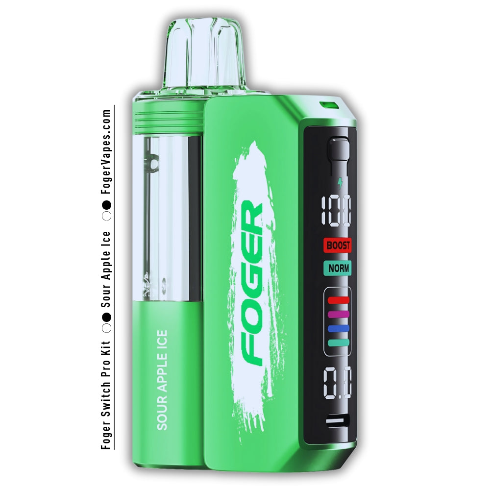 Foger Switch Pro 30K Puffs Disposable Sour Apple Ice featuring a vibrant green body with white branding, a transparent liquid tank, and a digital display with Boost and Normal puff modes, delivering a crisp and tangy sour apple flavor with a refreshing icy finish.