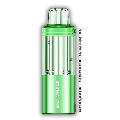 Sour Apple Ice Foger Switch Pro Pod with 30K Puffs, designed in a vibrant green gradient finish and a transparent tank for a crisp and modern look. This disposable vape pod offers a refreshing sour apple flavor, combining premium style with functionality.