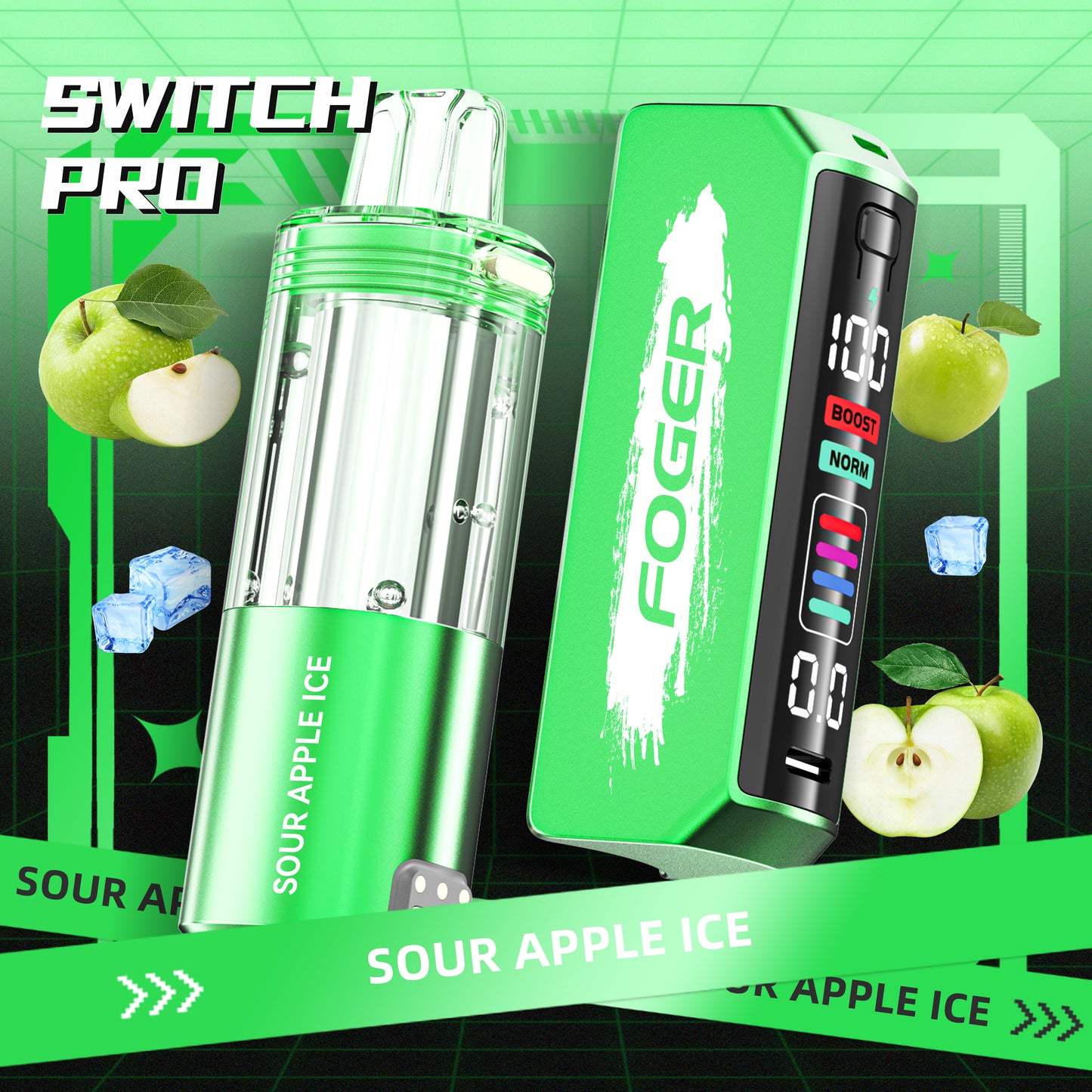 Foger Switch Pro Pod in Sour Apple Ice flavor, showcased alongside the dynamic Foger Switch Pro Kit. Featuring a sleek green finish with crisp apple and ice visuals, this pod delivers a refreshing and tangy vaping experience with up to 30K puffs and advanced vaping technology for unmatched enjoyment.