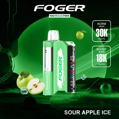 Foger Switch Pro Kit with Sour Apple Ice flavor, offering 30K puffs. This green device comes with dual mesh coils, adjustable airflow, and an OLED display. Enjoy a tart apple flavor with a cool ice finish for a refreshing and tangy vape experience.