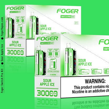 Foger Switch Pro Kit - Sour Apple Ice in a 10 pack, designed for extended vaping with 30K puffs per pod. Each device features dual mesh coils, adjustable airflow, and an OLED smart screen. Containing 5% nicotine, it delivers a refreshing blend of sour apple and ice, perfect for any vaping enthusiast.