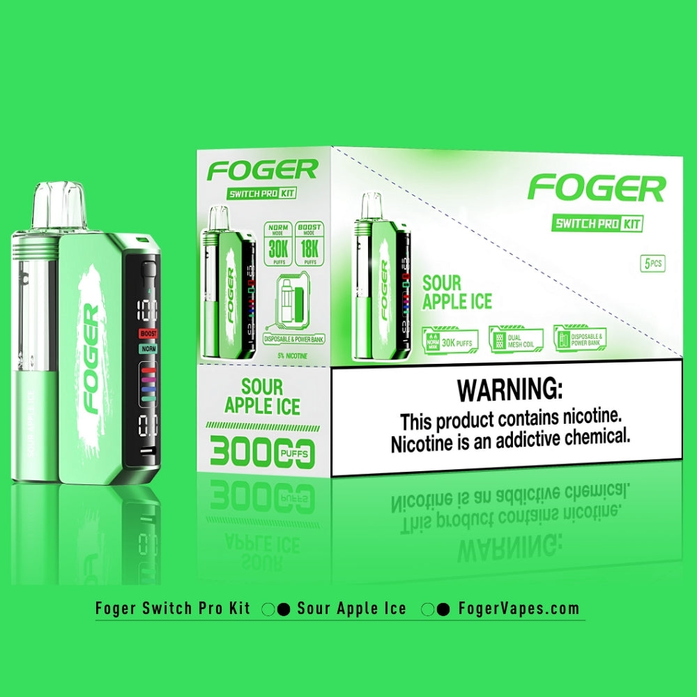 Foger Switch Pro Kit - Sour Apple Ice, available in a 5 pack, providing 30K puffs per device. The kit includes dual mesh coils and adjustable airflow for an optimized vaping experience, plus a smart OLED screen. With 5% nicotine, these pods offer a cool and tangy apple ice sensation with every puff.