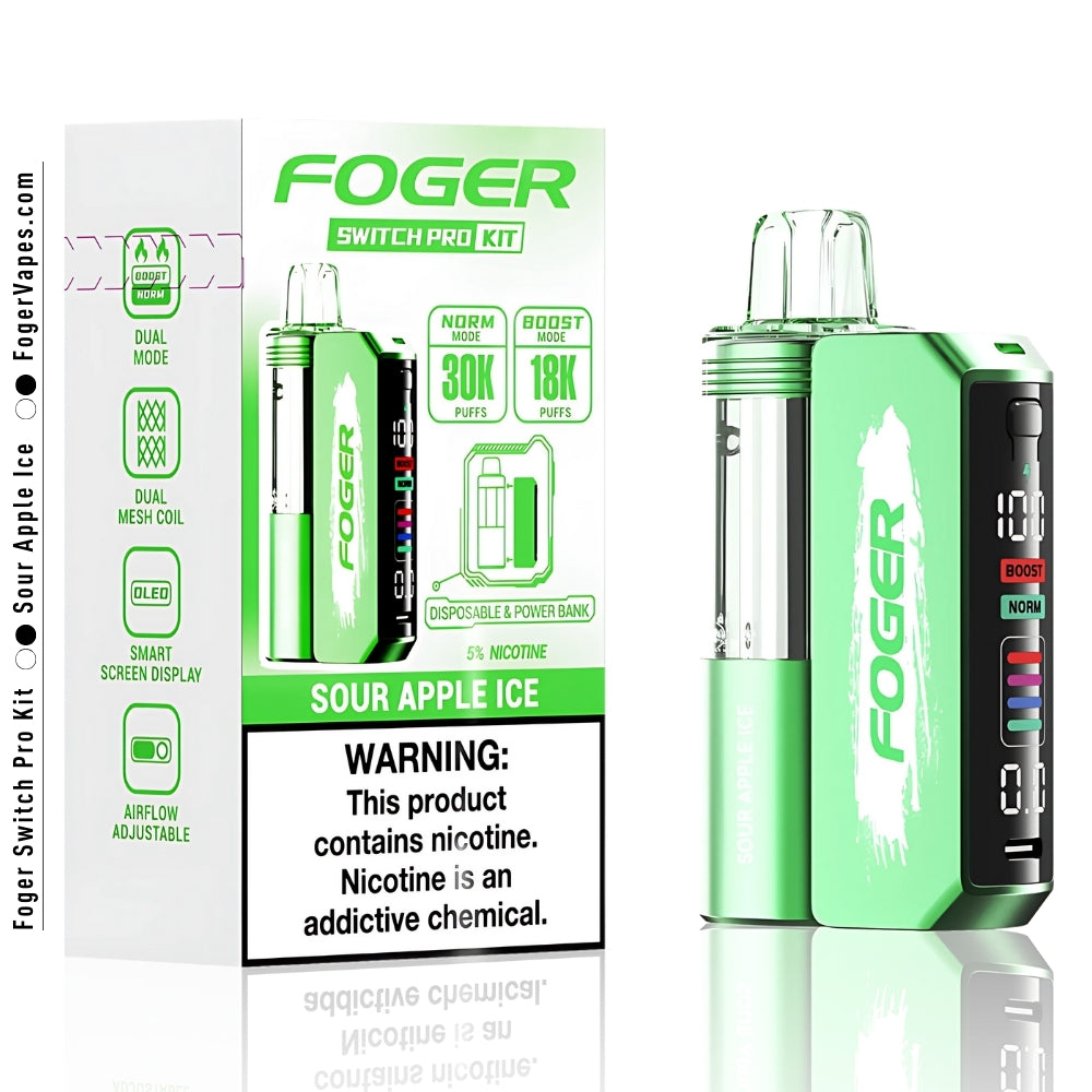 Foger Switch Pro Kit - Sour Apple Ice with 30K puffs in a single pack. This device features dual mesh coils for enhanced flavor, adjustable airflow, and an OLED smart screen display. Each pod contains 5% nicotine, perfect for those seeking a long-lasting, refreshing vaping experience with a tangy sour apple ice flavor.