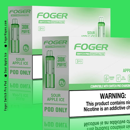 Foger Switch Pro Sour Apple Ice Disposable Pod 10-Pack packaging with a sleek green design. Highlighting 30,000 puffs per pod, 5% nicotine strength, dual mesh coil technology, and adjustable airflow for a customizable vaping experience. The box prominently features the sour apple and icy menthol flavor, ideal for a refreshing vape.