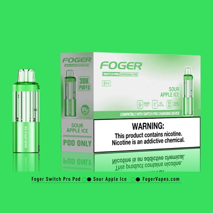 Foger Switch Pro Sour Apple Ice Disposable Pod 5-Pack with a vibrant green box design. Each pod offers up to 30,000 puffs and features 5% nicotine strength, dual mesh coil technology, and adjustable airflow. The packaging highlights the sour apple flavor combined with icy menthol for a refreshing vaping experience.