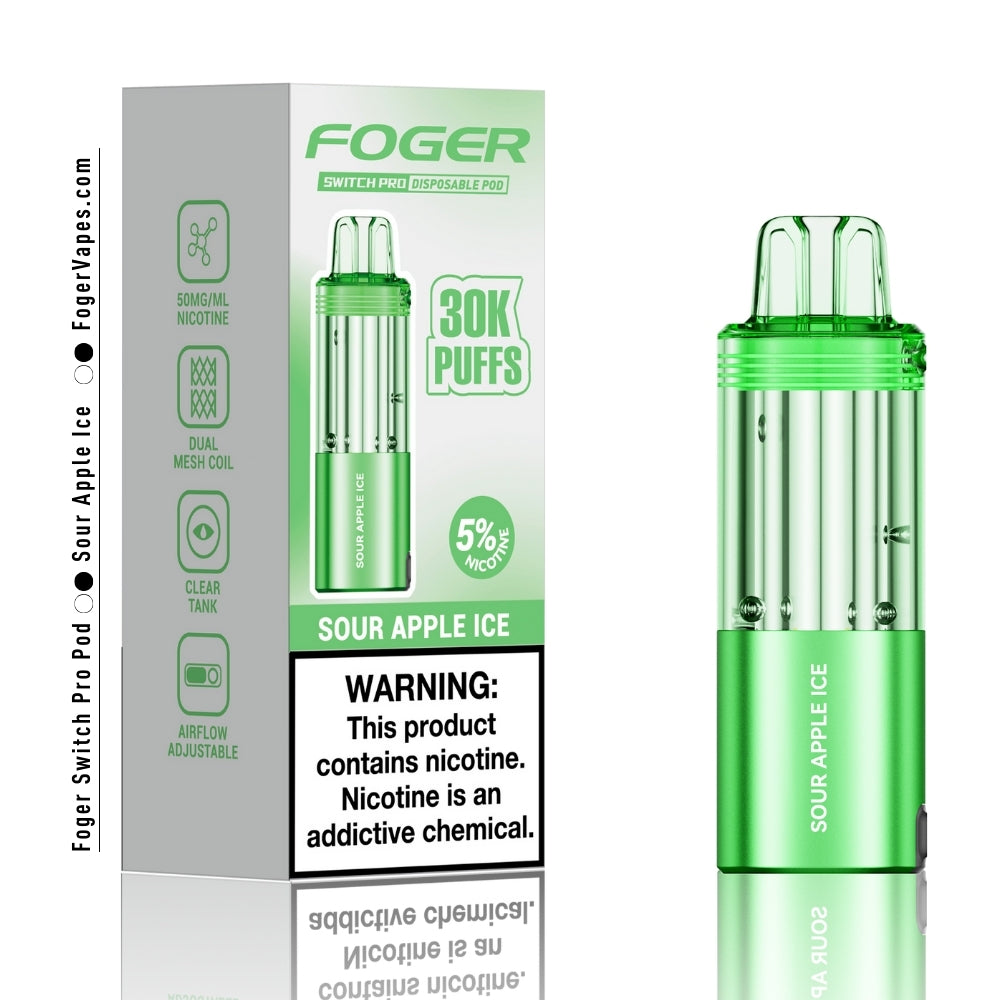 Foger Switch Pro Sour Apple Ice Disposable Pod with a sleek green design, delivering up to 30,000 puffs. Features 5% nicotine strength, dual mesh coil technology for crisp flavor, and adjustable airflow. The box highlights the tangy sour apple flavor paired with a cooling menthol kick, perfect for a refreshing vaping experience.