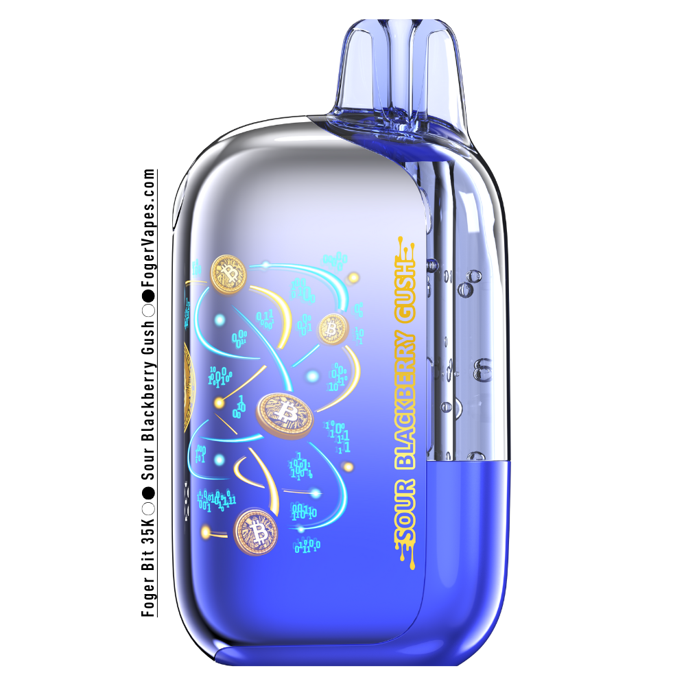 Foger Bit 35K Sour Blackberry Gush disposable vape in a deep blue device featuring Bitcoin-style digital coin artwork, neon swirl graphics, and a glossy translucent shell.