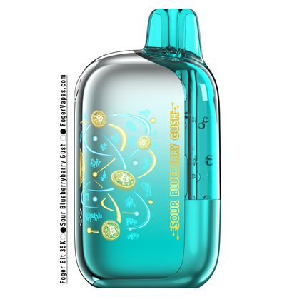 Foger Bit 35K Sour Blueberry Gush disposable vape in a teal device with Bitcoin-inspired digital coin designs, vibrant swirl patterns, and a modern transparent body.