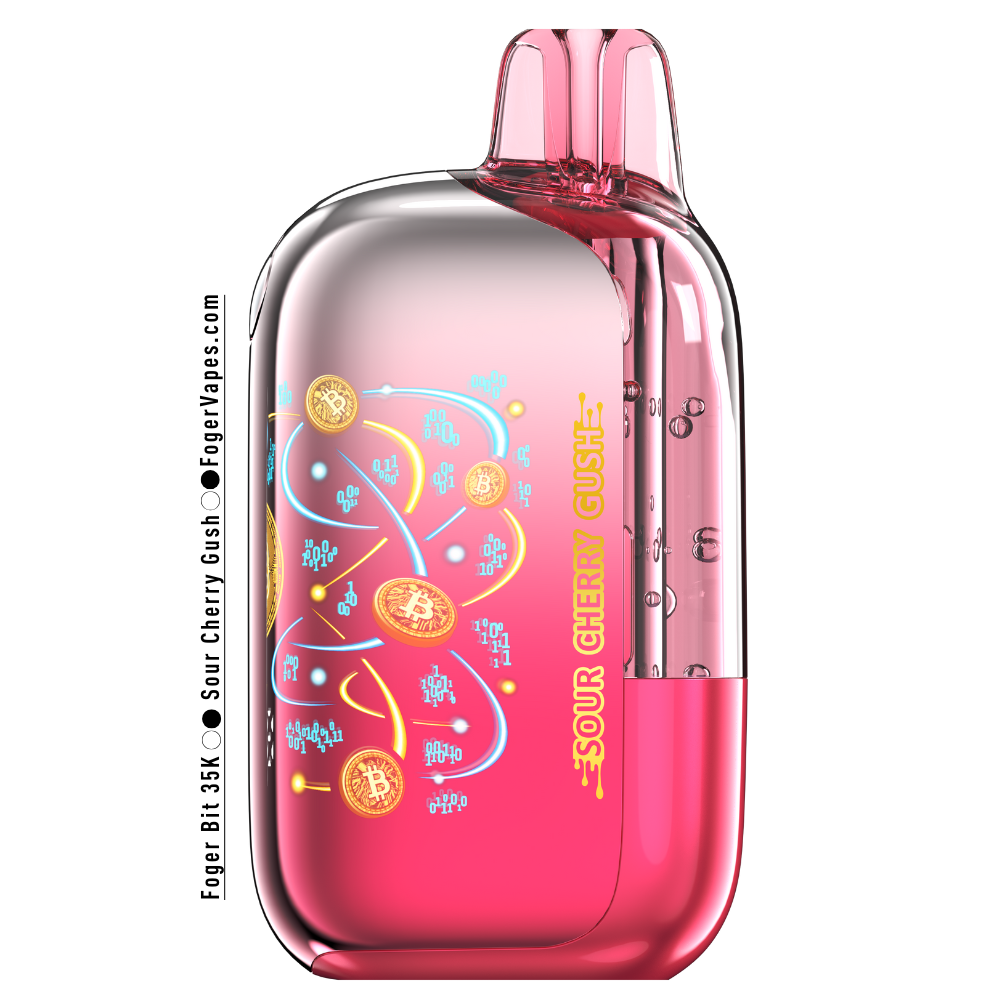 Foger Bit 35K Sour Cherry Gush disposable vape in a red-pink gradient design showcasing Bitcoin-themed coin graphics, bright swirl artwork, and a sleek glossy finish.