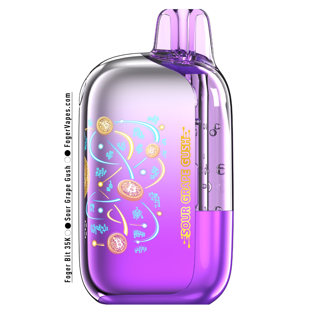 Foger Bit 35K Sour Grape Gush disposable vape in a purple device featuring Bitcoin-style digital coin motifs, neon swirl accents, and a clean translucent shell.