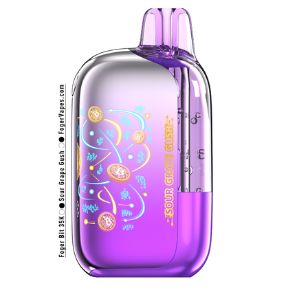 Foger Bit 35K Sour Grape Gush disposable vape in a purple device featuring Bitcoin-style digital coin motifs, neon swirl accents, and a clean translucent shell.
