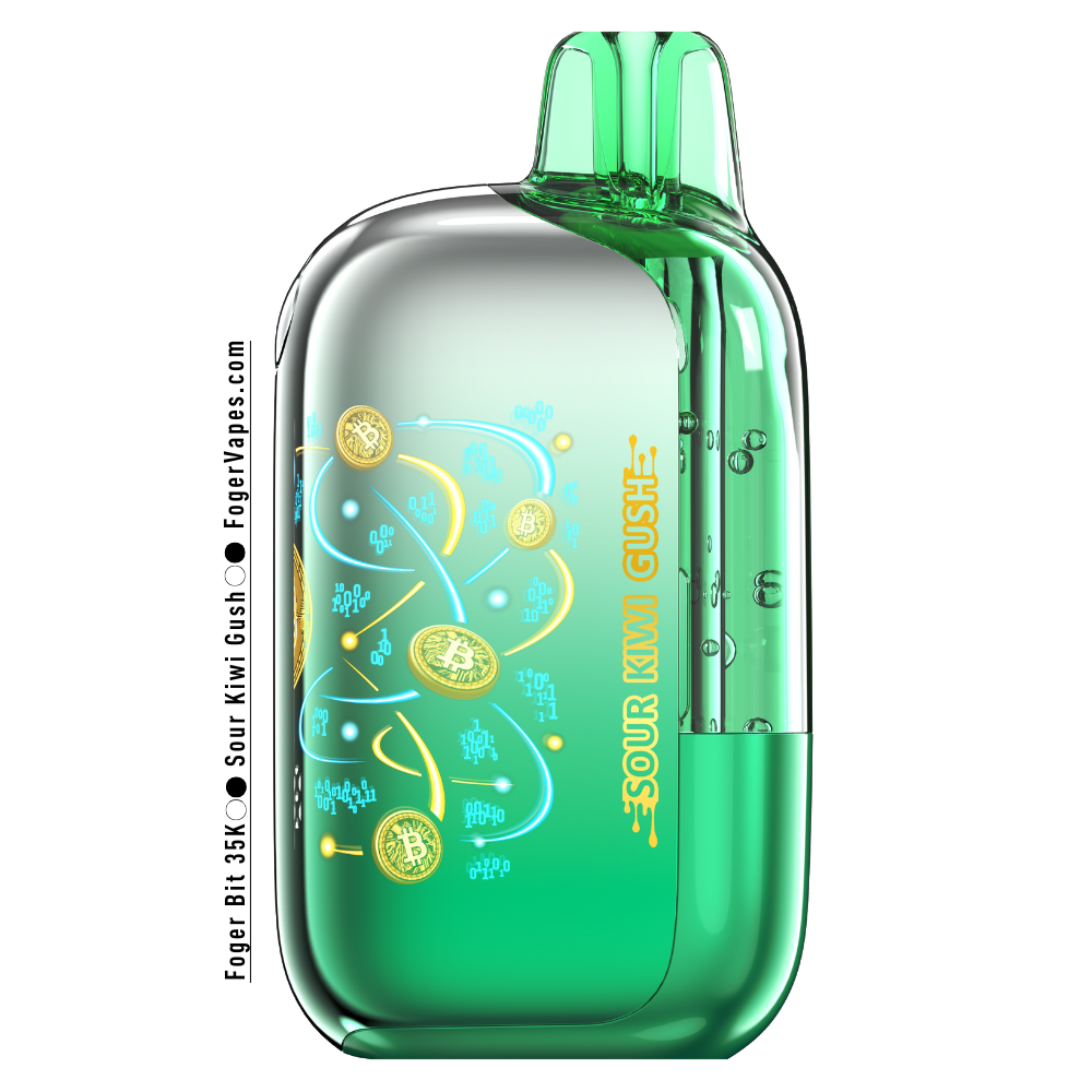 Foger Bit 35K Sour Kiwi Gush disposable vape in a green device with Bitcoin-inspired coin artwork, colorful swirl graphics, and a futuristic transparent casing.