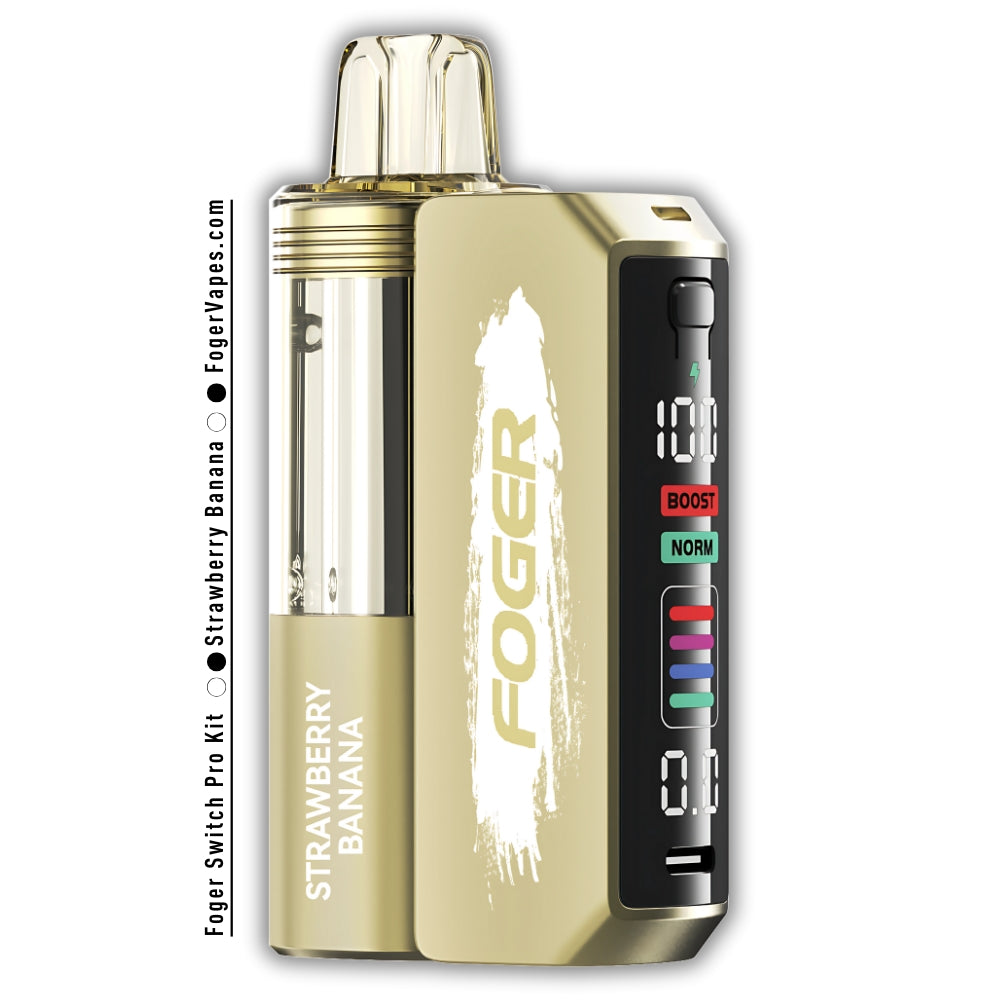 Foger Switch Pro 30K Puffs Disposable Strawberry Banana featuring a sleek gold body with white branding, a transparent liquid tank, and a digital display with Boost and Normal puff modes, delivering a smooth and fruity vaping experience.