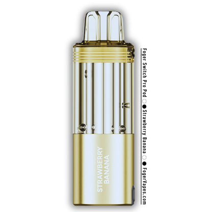 Foger Switch Pro Pod in Strawberry Banana flavor, showcasing a luxurious gold design with a transparent tank and ergonomic shape, ideal for enhanced flavor delivery and a smooth vaping experience. The minimalist design highlights the pod's sophistication and premium quality.