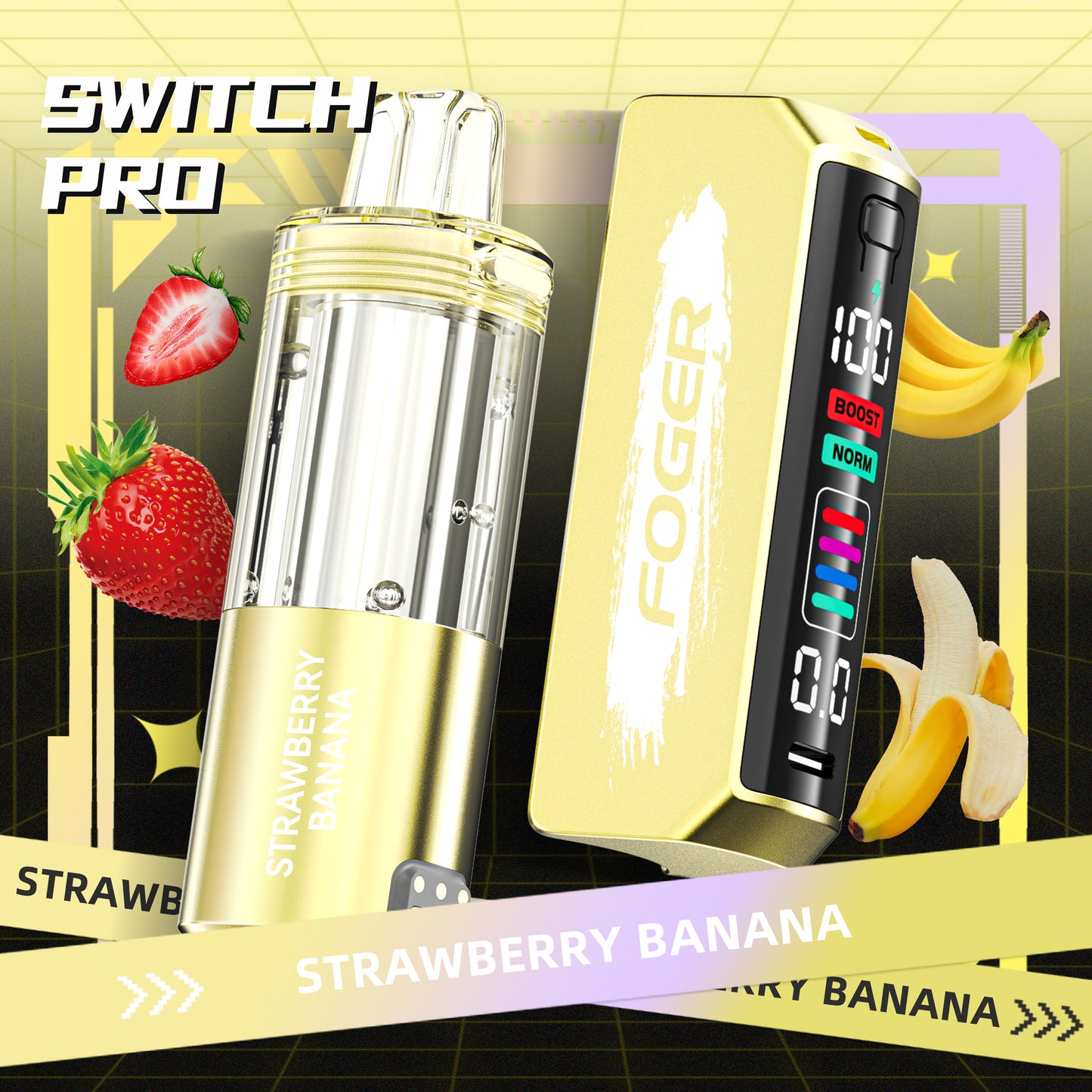 Foger Switch Pro Pod in Strawberry Banana flavor, paired with the innovative Foger Switch Pro Kit. Featuring a sleek golden finish with vibrant strawberry and banana visuals, this pod offers an unmatched fruity vaping experience with up to 30K puffs and cutting-edge technology for ultimate satisfaction.