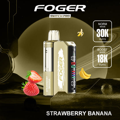 Foger Switch Pro Kit with Strawberry Banana flavor, providing 30K puffs. Featuring a sleek design with a golden color and dual mesh coils, it offers a perfect blend of sweet strawberries and ripe bananas for a smooth, fruity vape.