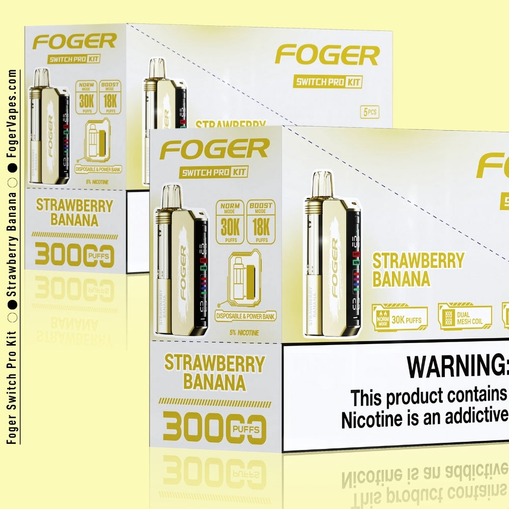 Foger Switch Pro Kit - Strawberry Banana in a 10-pack, designed for extended use with 30K puffs per pod. The dual mesh coil, adjustable airflow, and OLED smart screen ensure a premium vaping experience. With 5% nicotine, this kit is perfect for those who love the classic fruity blend of strawberry and banana.