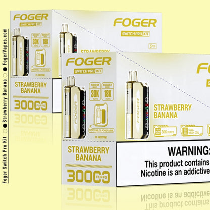 Foger Switch Pro Kit - Strawberry Banana in a 10-pack, designed for extended use with 30K puffs per pod. The dual mesh coil, adjustable airflow, and OLED smart screen ensure a premium vaping experience. With 5% nicotine, this kit is perfect for those who love the classic fruity blend of strawberry and banana.