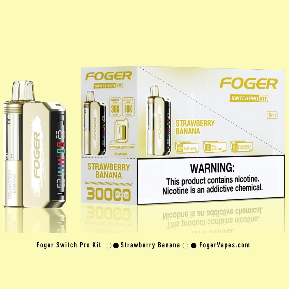 Foger Switch Pro Kit - Strawberry Banana, available in a 5-pack offering 30K puffs per device. Enjoy the dual mesh coil for optimal flavor and adjustable airflow. Each device contains 5% nicotine, making it ideal for users who crave the sweet and creamy taste of strawberry and banana together.