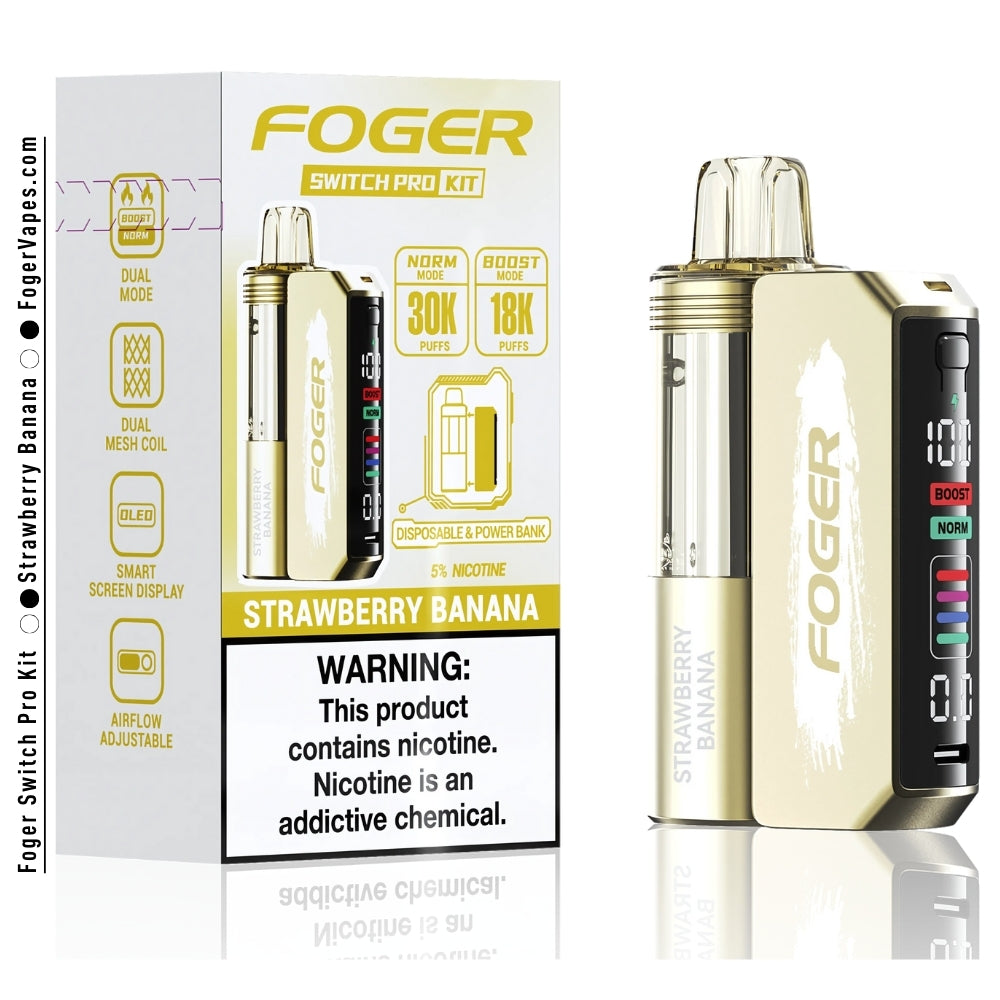 Foger Switch Pro Kit - Strawberry Banana with 30K puffs in a single pack. Features dual mesh coils for enhanced flavor, adjustable airflow, and an OLED smart screen display. The 5% nicotine content ensures a satisfying vaping experience. Perfect for those who enjoy the smooth combination of strawberry and banana flavors.