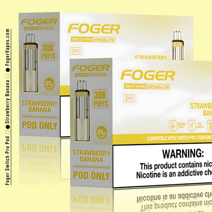 Foger Switch Pro Strawberry Banana Disposable Pod 10-pack box. Displayed are multiple boxes with a sleek golden design, highlighting features like 30,000 puffs, 5% nicotine strength, and dual mesh coil technology for enhanced vaping performance. The flavor emphasizes a rich blend of strawberry and banana. Prominent nicotine warning is included on the packaging.