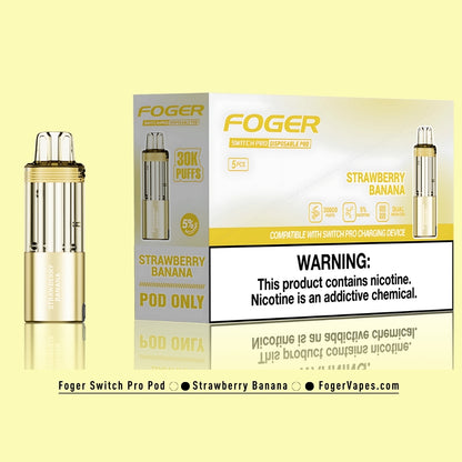 Foger Switch Pro Strawberry Banana Disposable Pod 5-pack box. The packaging features a refined golden design, showcasing key details like 30,000 puffs, 5% nicotine strength, and compatibility with Switch Pro charging devices. The box highlights a delicious strawberry and banana flavor profile, paired with dual mesh coil technology for a superior vaping experience. Includes nicotine warning prominently displayed.