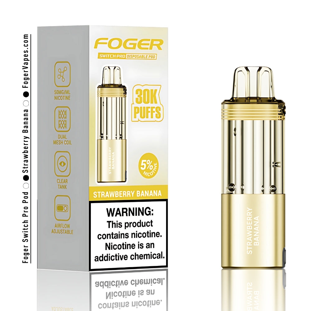 Foger Switch Pro Strawberry Banana Disposable Pod packaging with a sleek golden design. Featuring 30,000 puffs per pod, 5% nicotine strength, and advanced dual mesh coil technology for rich and smooth flavor delivery. The box highlights the blend of sweet strawberry and creamy banana flavors, perfect for a delightful vaping experience.