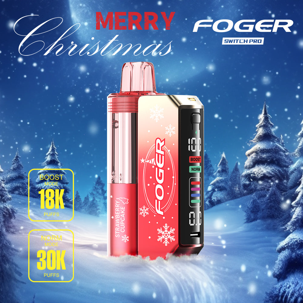 Foger Switch Pro 30K Puffs Holiday Edition Strawberry Cupcake flavor with a stylish holiday design. Offers 18K puffs in Boost mode, 30K puffs in Norm mode, and includes a smart LCD display, featured in a snowy festive setting.