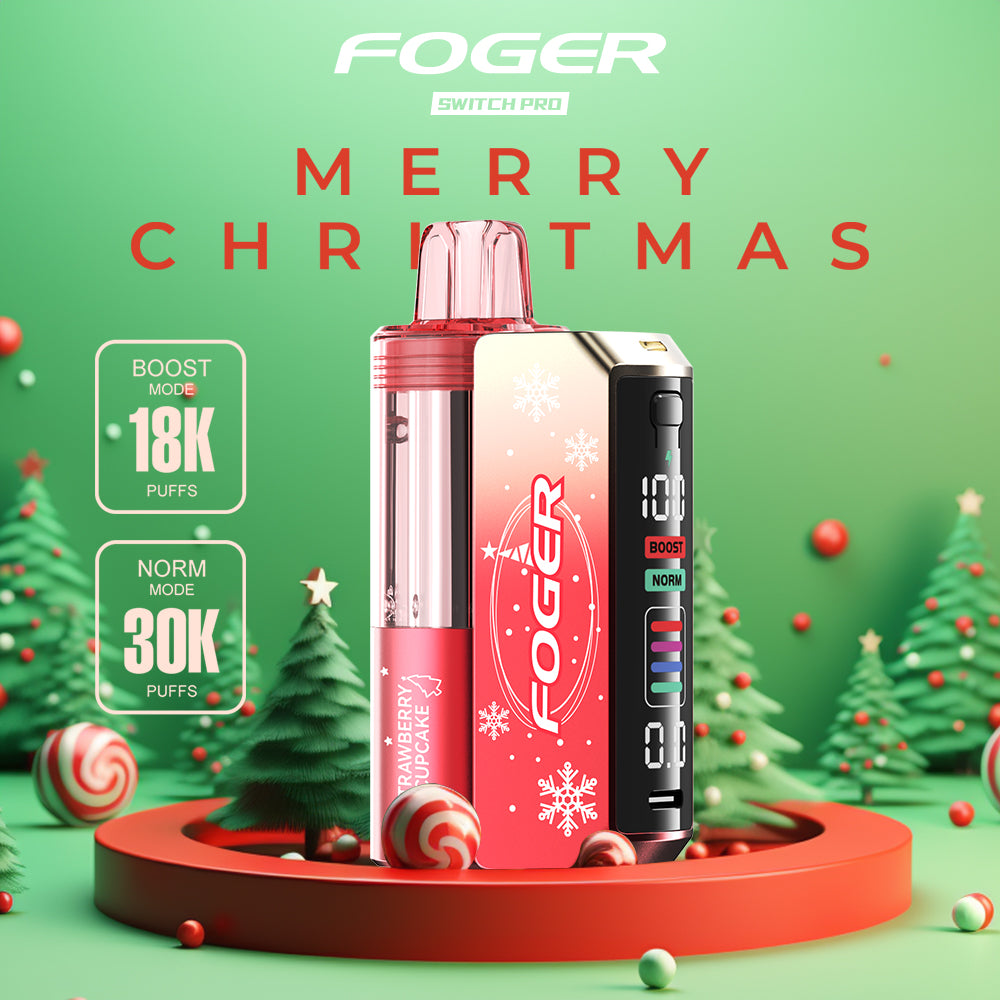 Foger Switch Pro 30K Puffs Strawberry Cupcake flavor in a festive red design. Offers 18K puffs in Boost mode, 30K puffs in Norm mode, with a clear tank and smart LCD display, complemented by holiday-themed decorations.