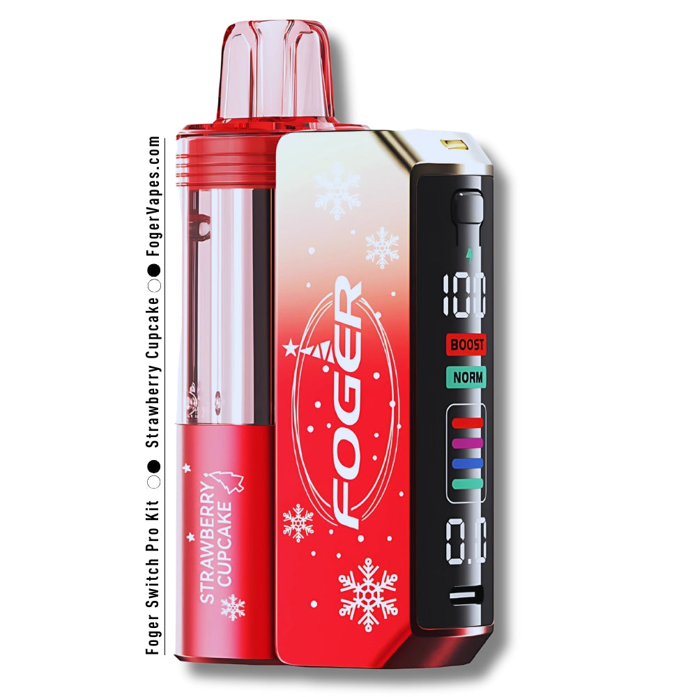 Foger Switch Pro 30K Puffs Holiday Edition Strawberry Cupcake flavor. Adorned in a festive red design with delicate snowflake accents, this vape includes a transparent tank, advanced LCD display, and dual vaping modes (Boost/Norm). Indulge in the sweet and creamy flavors of the season.