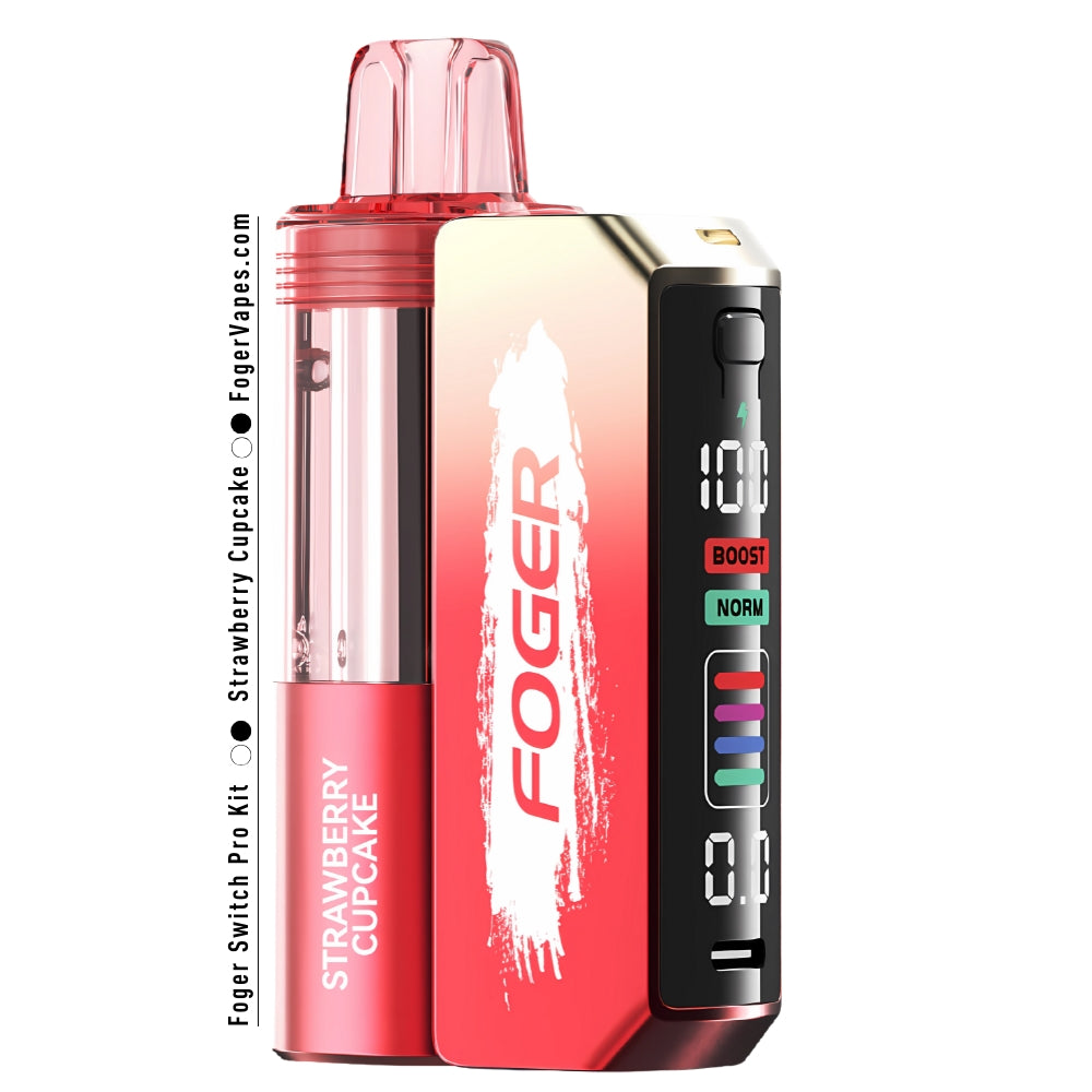 Foger Switch Pro Kit in Strawberry Cupcake flavor, featuring a stylish red design with a clear tank and smart OLED screen. Highlights include dual modes (Norm: 30,000 puffs and Boost: 18,000 puffs), dual mesh coil technology, adjustable airflow, and 5% nicotine content.