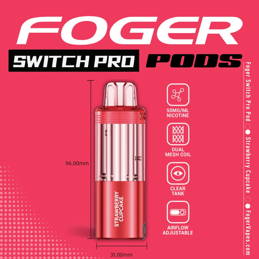 Foger Switch Pro 30K Disposable Pod in Strawberry Cupcake flavor, Offers 30,000 puffs, 5% nicotine, dual mesh coil technology, and adjustable airflow. Designed in a sleek red casing