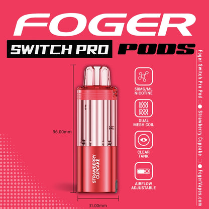 Foger Switch Pro 30K Disposable Pod in Strawberry Cupcake flavor, Offers 30,000 puffs, 5% nicotine, dual mesh coil technology, and adjustable airflow. Designed in a sleek red casing 