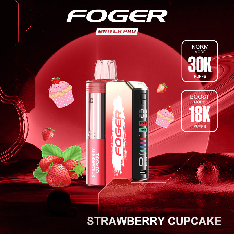 Foger Switch Pro Kit in Strawberry Cupcake flavor, featuring a red design with a clear tank and OLED smart screen. Highlights include dual mode functionality (Norm: 30,000 puffs and Boost: 18,000 puffs), dual mesh coil technology, adjustable airflow, and 5% nicotine content. Packaging emphasizes disposable and power bank capabilities.