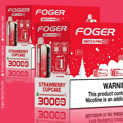 Foger Switch Pro Kit Holiday Edition Strawberry Cupcake in a 10 pack, designed for long-lasting enjoyment with  30K puffs per pod. Featuring dual mesh coils, adjustable airflow, and an OLED smart screen, each device contains 5% nicotine, offering a creamy, strawberry-rich vaping experience that’s perfect for any enthusiast.