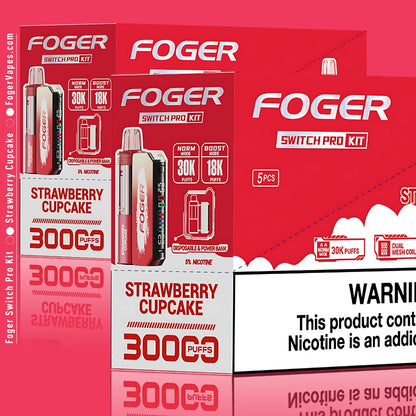 Foger Switch Pro Kit 10-pack in Strawberry Cupcake flavor, featuring a red holiday-themed design. Highlights include dual modes (Norm: 30,000 puffs and Boost: 18,000 puffs), dual mesh coil technology, adjustable airflow, and 5% nicotine content.