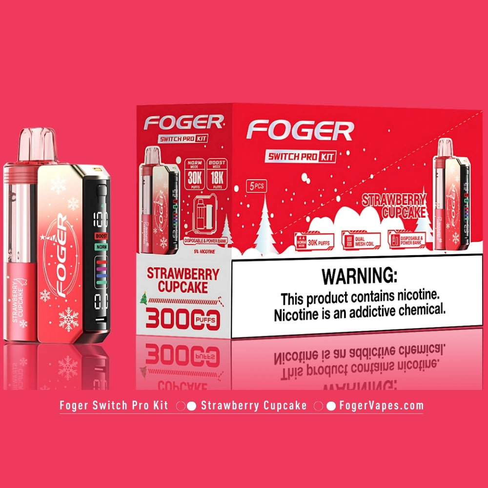 Foger Switch Pro Kit Holiday Edition Strawberry Cupcake, available in a 5 pack with 30K puffs per device. Each device includes dual mesh coils, adjustable airflow, and an OLED display. With 5% nicotine, it delivers the ideal balance of strawberry sweetness and creamy cupcake, making it a great choice for those who love a delicious vape.