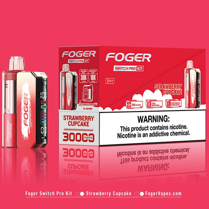 Foger Switch Pro Kit 5-pack in Strawberry Cupcake flavor, showcasing a holiday-themed red design with 30,000 puffs per device. Features include dual mesh coil technology, adjustable airflow, and 5% nicotine. Packaging emphasizes disposable and power bank capabilities.