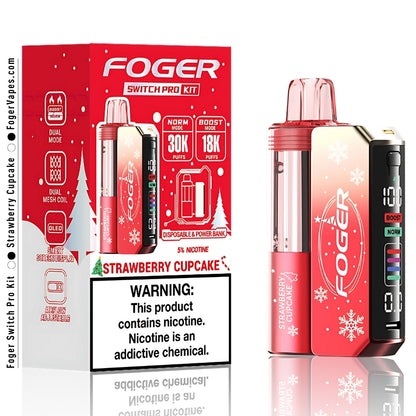 Foger Switch Pro Kit Holiday Edition Strawberry Cupcake, offering 30K puffs in a single pack. The kit features dual mesh coils for a superior vaping experience, adjustable airflow, OLED smart screen display, and 5% nicotine. Perfect for those who enjoy a sweet and creamy cupcake flavor with a smooth inhale.