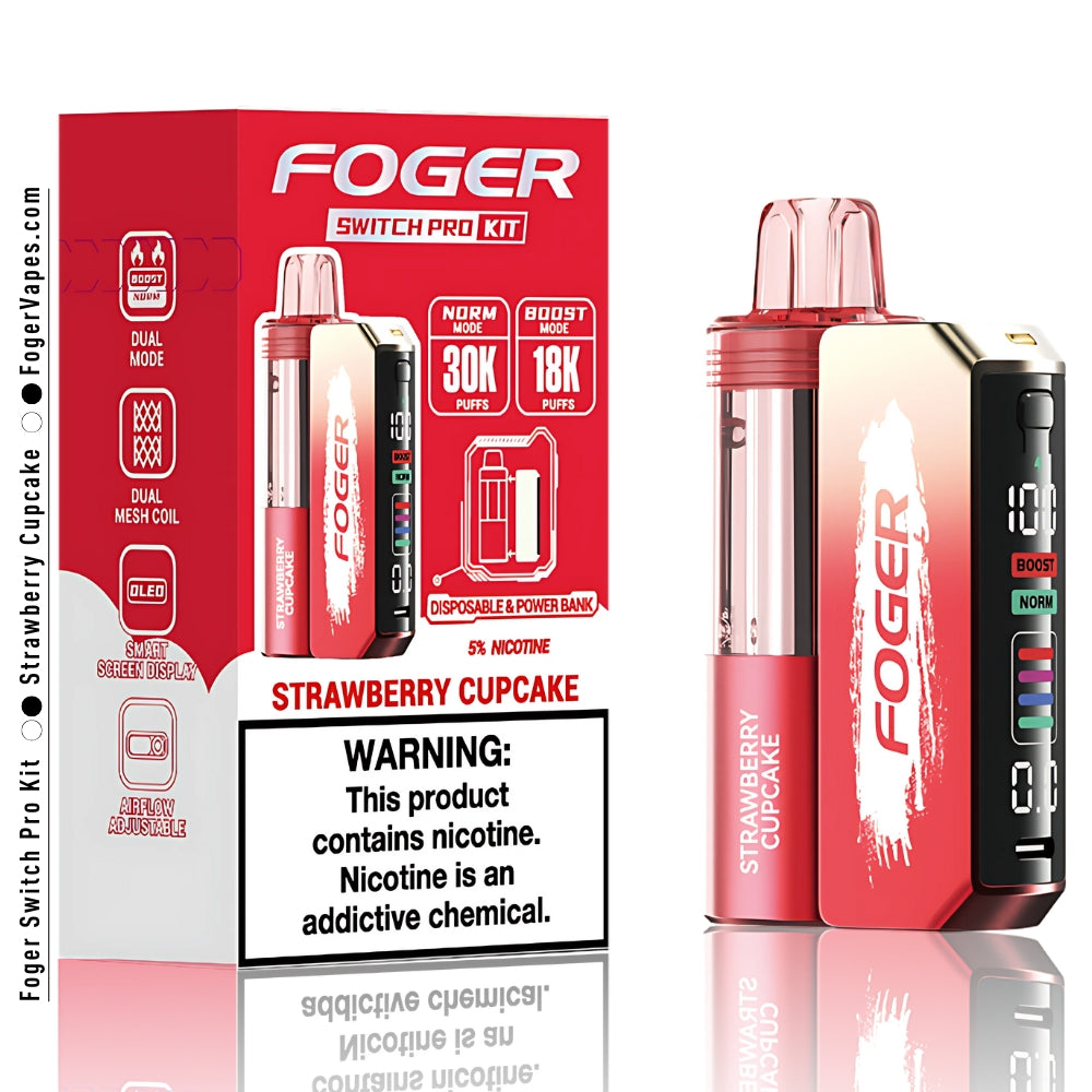 Foger Switch Pro Kit 30k in Strawberry Cupcake flavor, featuring a stylish red design with a clear tank and smart OLED screen. Highlights include dual modes (Norm: 30,000 puffs and Boost: 18,000 puffs), dual mesh coil technology, adjustable airflow, and 5% nicotine content.