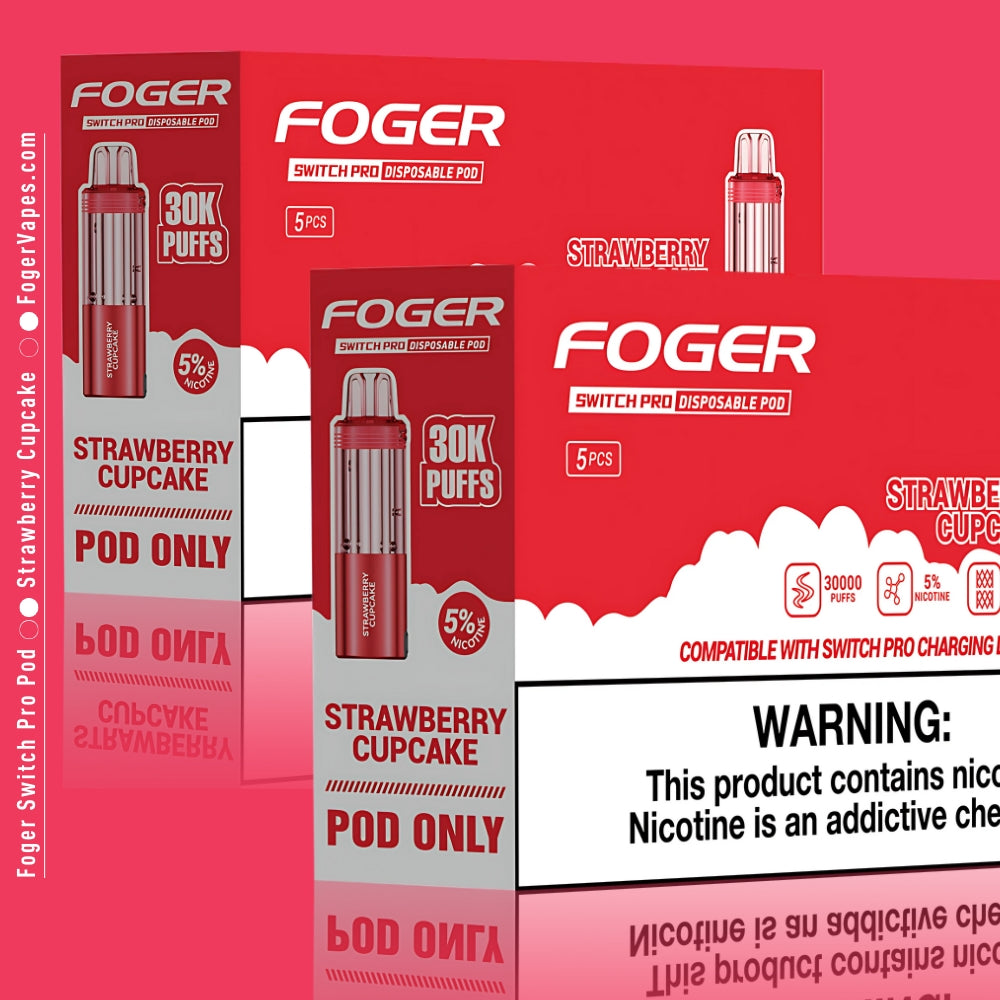 Foger Switch Pro Disposable Pod in Strawberry Cupcake flavor, 10-pack. Each pod offers 30,000 puffs with 5% nicotine, dual mesh coil technology, clear tank design, and adjustable airflow. The packaging highlights compatibility with Switch Pro charging devices.