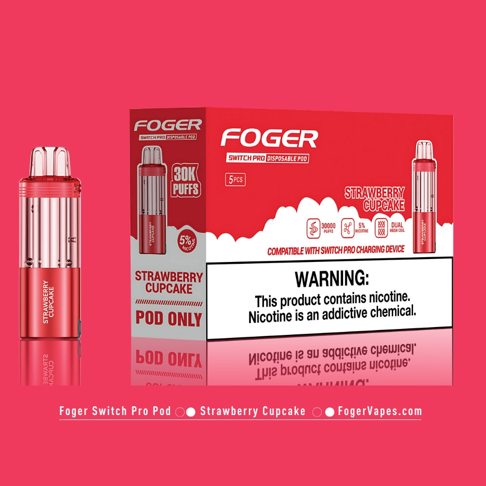 Foger Switch Pro Disposable Pod in Strawberry Cupcake flavor, 5-pack. Features include 30,000 puffs capacity per pod, 5% nicotine strength, dual mesh coil technology, adjustable airflow, and compatibility with Switch Pro devices. Packaged in vibrant red with clear labeling.