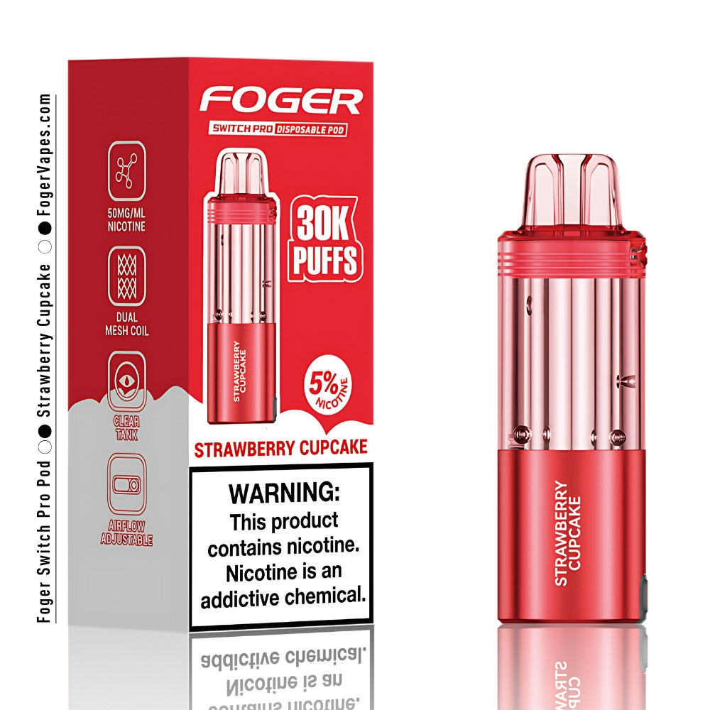 Foger Switch Pro Disposable Pod in Strawberry Cupcake flavor, single pack. Offers 30,000 puffs, 5% nicotine, dual mesh coil technology, and adjustable airflow. Designed in a sleek red package for compatibility with Switch Pro devices.