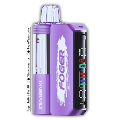 Foger Switch Pro 30K Puffs Disposable Strawberry Ice featuring a vibrant purple body with white branding, a transparent liquid tank, and a digital display with customizable puff modes, including Boost and Normal settings, for a cool and refreshing vaping experience.