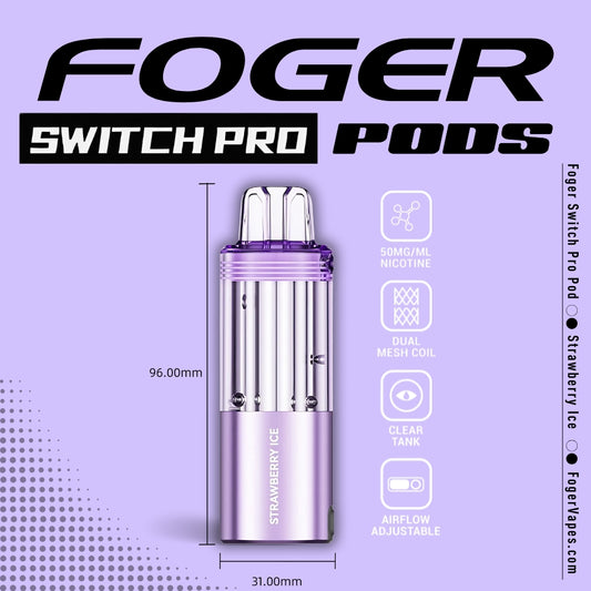 Foger Switch Pro Pod in Strawberry Ice flavor, featuring a sleek lavender design with a transparent tank, dual mesh coil for smooth vapor delivery, adjustable airflow, and 50mg/ml nicotine strength. Dimensions (96mm x 31mm) and key features are highlighted against a soft purple background with modern branding.