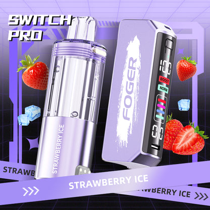 Foger Switch Pro Pod in Strawberry Ice flavor, paired with the advanced Foger Switch Pro Kit. Showcasing a sleek lavender design with fresh strawberry and ice cube visuals, this pod delivers up to 30K puffs, offering a perfect blend of cooling sensation and premium vaping technology.