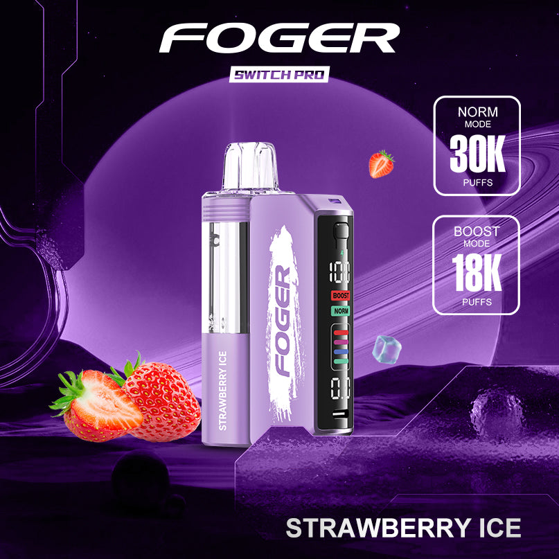 Foger Switch Pro Kit - Strawberry Ice, designed with a strawberry and icy flavor profile. The device features a purple theme with strawberry and ice cube illustrations, offering a cool and sweet vaping experience with 30K puffs.